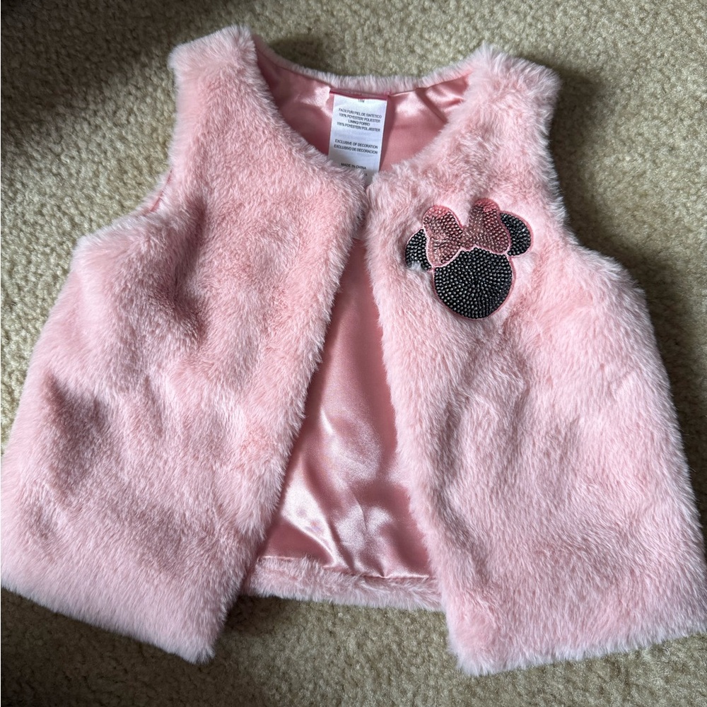 Pink Faux Fur Vest with Minnie Mouse Patch